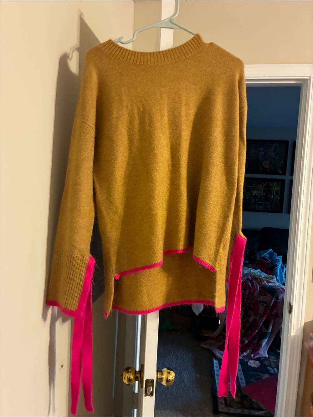 crown & ivy Mustard Crewneck Sweater with Hot Pink Trim